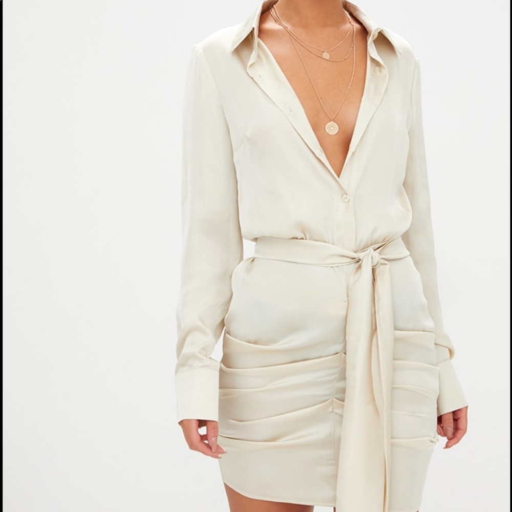 PLT Champagne Satin Ruched Button-Up Dress